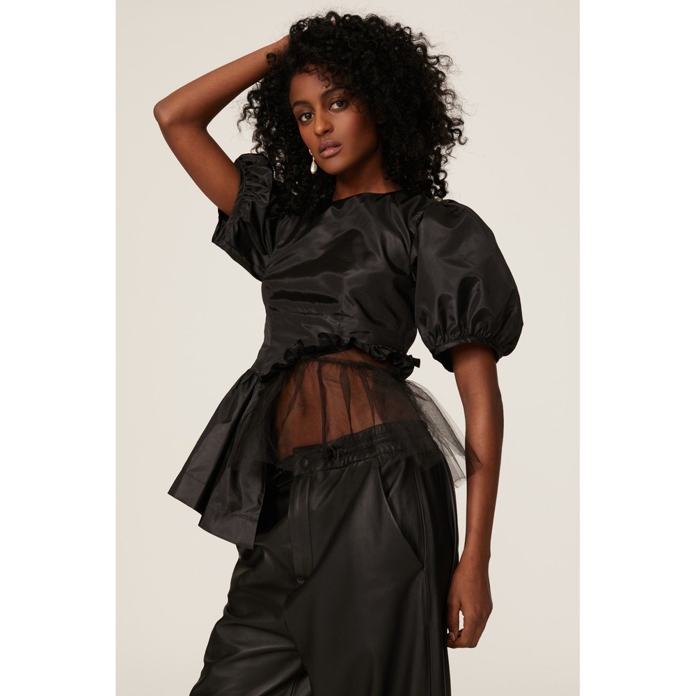 Sandy Liang Spoonbill Tulle Top Black Puff Sleeve Asymmetrical Ruffle Cropped 4